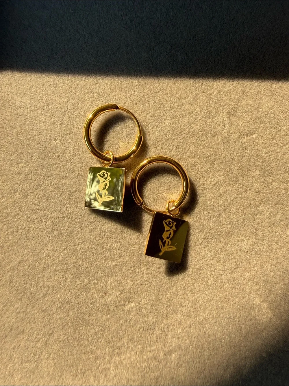 NWT Gold Square Engraved Rose Charm Stainless Steel Hoop Earrings